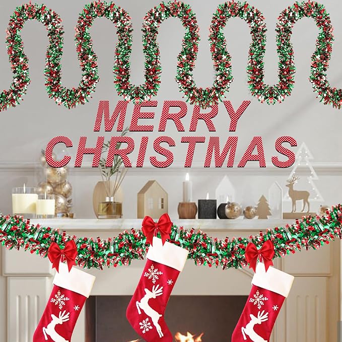 50 FT Christmas Tinsel Garland for Christmas Tree Decorations, Red Green Silver Metallic Twist Shiny Hanging Xmas Garlands for Stairs Mantle Fireplace Home Indoor Outdoor Holiday Party Suppliers Decor