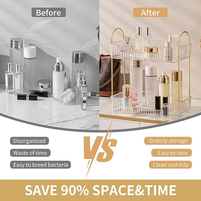 2 Tier Bathroom Organizer Countertop Makeup Perfume Skincare Organizer for Bathroom Dresser Vanity (White)
