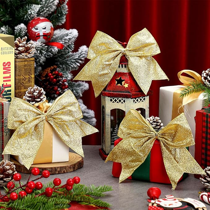 Cindeer 24 Pcs Gold Christmas Bow Decorations 6 x 6 Inches, Glitter Holiday Ornaments Sequin Ties Bows for Xmas Tree, Wreath, DIY Crafts, Gift Wrapping, Party Decor