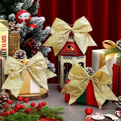 Cindeer 24 Pcs Gold Christmas Bow Decorations 6 x 6 Inches, Glitter Holiday Ornaments Sequin Ties Bows for Xmas Tree, Wreath, DIY Crafts, Gift Wrapping, Party Decor