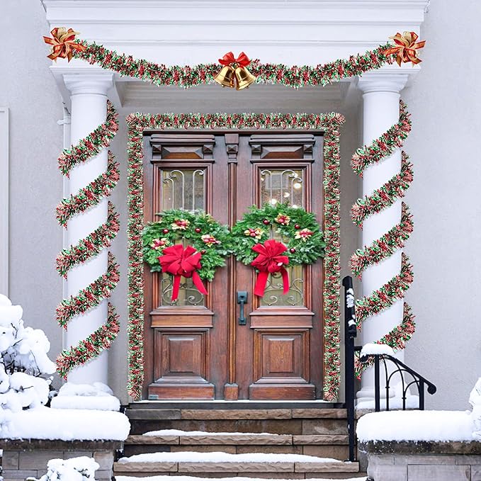 50 FT Christmas Tinsel Garland Christmas Decorations for Xmas Tree Decor Metallic Twist Shiny Hanging Garlands for Tree Mantel Stairs Fireplace Home Indoor Holiday Party Supplies (Red Green Silver)