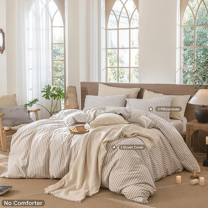 MooMee Striped Duvet Cover Set 100% Washed Cotton Linen Like Textured Breathable Durable Soft Comfy (Tannish Linen Grey White Classic Stripes, King 104"x90")