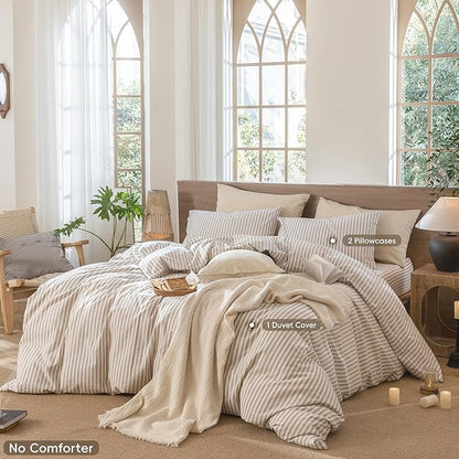 MooMee Striped Duvet Cover Set 100% Washed Cotton Linen Like Textured Breathable Durable Soft Comfy (Tannish Linen Grey White Classic Stripes, Super King Plus 120"x120")