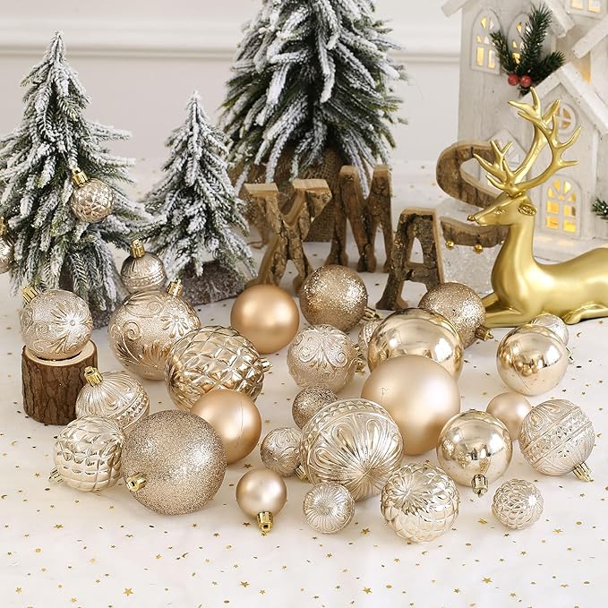 Christmas Ball Ornaments Champagne Christmas Tree Decorations with Hang Rope-36pcs Shatterproof Christmas Ornaments Set with 6 Styles in 3 Sizes(Small Medium Large)