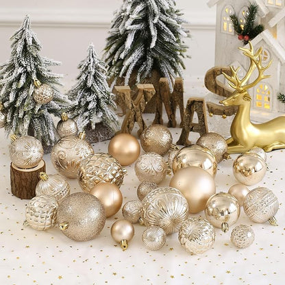 Christmas Ball Ornaments Champagne Christmas Tree Decorations with Hang Rope-36pcs Shatterproof Christmas Ornaments Set with 6 Styles in 3 Sizes(Small Medium Large)