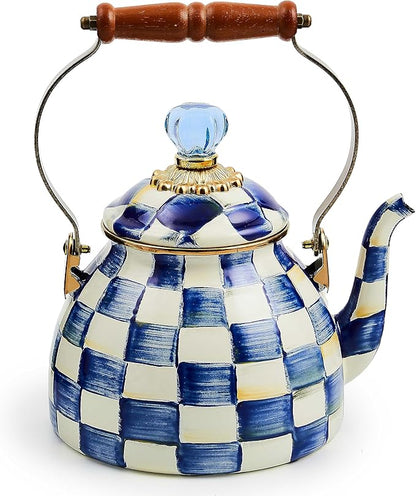 MACKENZIE-CHILDS Enamel Tea Kettle, Stylish Tea Kettle for Stovetop, Blue-and-White Royal Check, 2 Quarts