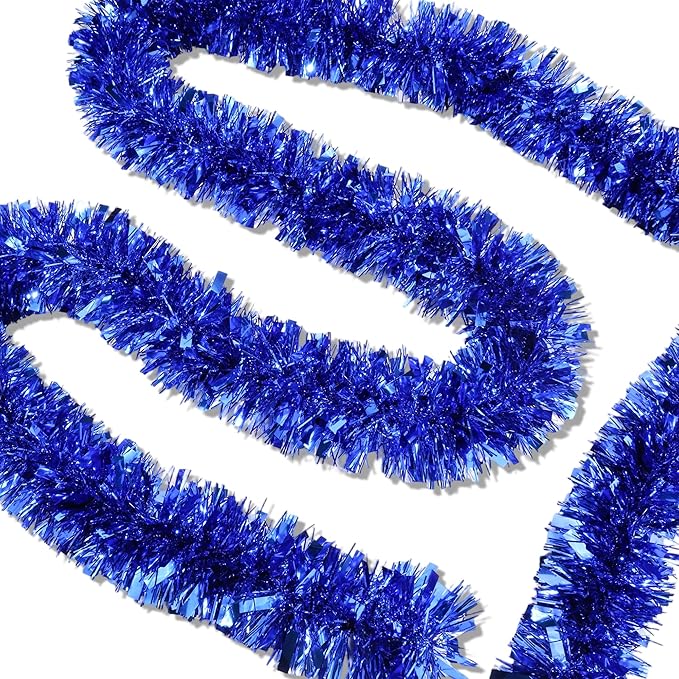 50 Feet Blue Christmas Tinsel Garland for Christmas Tree Decorations, Xmas Metallic Twist Shiny Hanging Garland Decor for Mantle Stairs Fireplace Home Holiday Indoor Outdoor