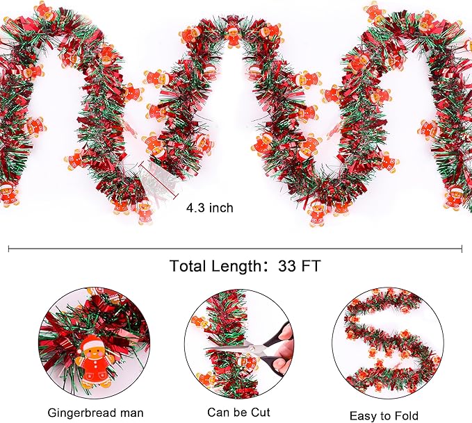 Christmas Garland Decorations 33 FT Red Green Christmas Tinsel Garland with Gingerbread Man Ornaments, Metallic Christmas Tree Garland Indoor Outdoor for Home Mantle Fireplace Xmas Holiday Party Decor