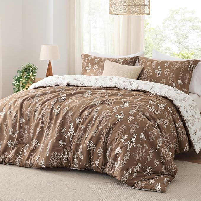 Bedsure Twin/Twin XL Comforter Set - Brown Bed Set, 2 Pieces Cute Floral Bedding, 1 Soft Reversible Botanical Flowers Comforter and 1 Pillow Shams