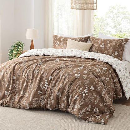 Bedsure King Comforter Set - Brown Bed Set, 3 Pieces Cute Floral Bedding, 1 Soft Reversible Botanical Flowers Comforter and 2 Pillow Shams