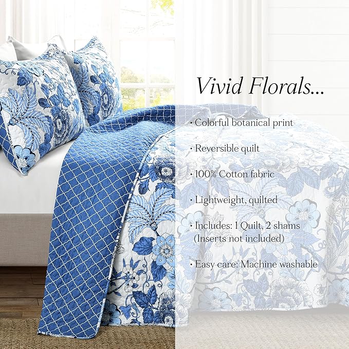 Lush Decor Sydney Reversible Cotton Quilt Set King 3 Piece Bedding, Navy White