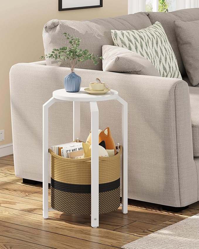 TUTOTAK Small Side Table, Round End Table, Night Stand, Bedside Table, Sofa Table with Storage Basket, Living Room, Bed Room, White and Black-Brown TB01BWK092