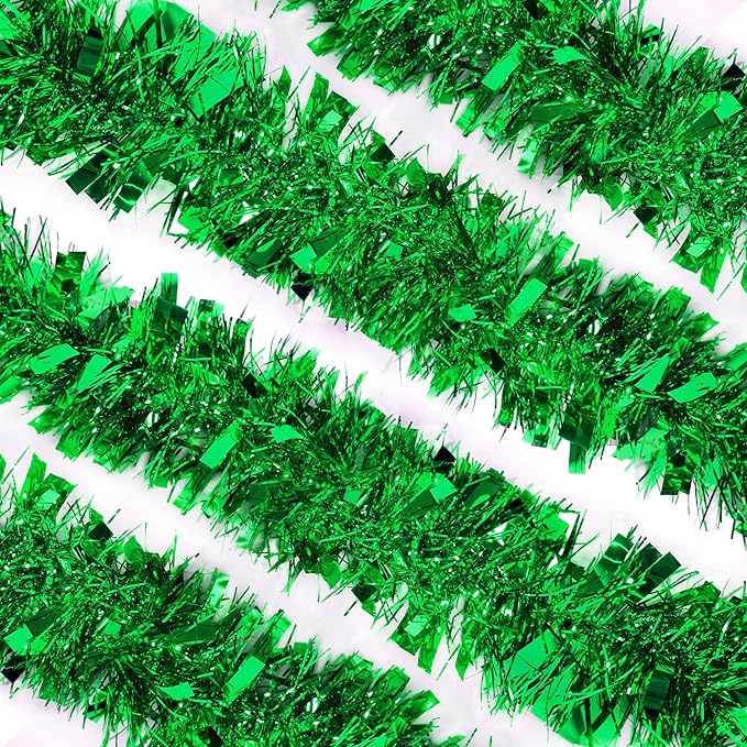 CANREVEL 4 Pieces 26.2 Ft Christmas Garland Metallic Shiny Twist Tinsel Garland Hanging Decorations for Christmas Tree, Mantle, Stairs Railing Decorations - Green