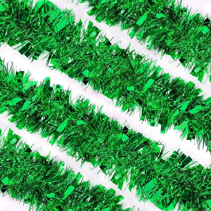 CANREVEL 4 Pieces 26.2 Ft Christmas Garland Metallic Shiny Twist Tinsel Garland Hanging Decorations for Christmas Tree, Mantle, Stairs Railing Decorations - Green