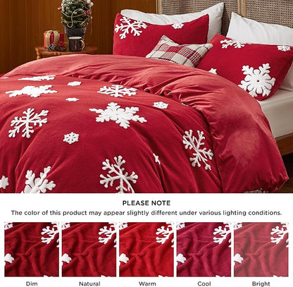 Bedsure Fluffy Duvet Cover Set - Ultra Soft Plush Shaggy Comforter Cover King Size, Warm Flannel Fleece Bed Sets for Winter, 3 Pieces, Snowflake Pattern, Red
