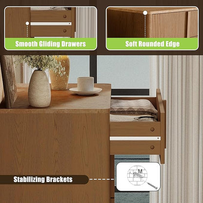 Fluted Dresser for Bedroom with 6 Drawers, 51'' H Modern Chest of Drawers with Wooden Handle, Wooden Dresser TV Stand, Wood Closet Clothes Storage Organizer for Living Room, Hallway, Natural Oak