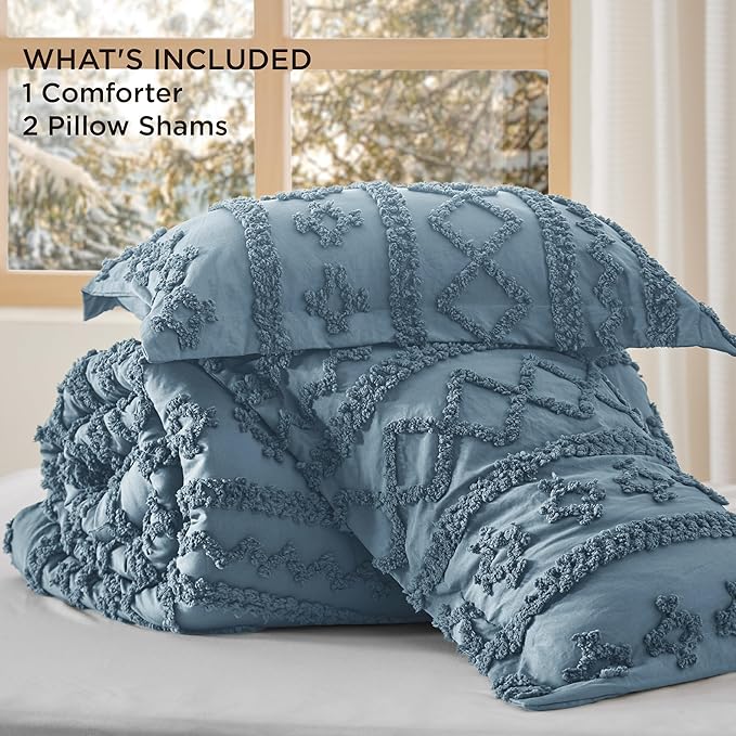 Bedsure Tufted Boho Comforter Set Full Size - Grayish Blue Boho Bed Set, GentleSoft™ 3 Pieces Farmhouse Shabby Chic Embroidery Bedding, Gifts for Woman, Soft Jacquard Full Comforter for All Seasons