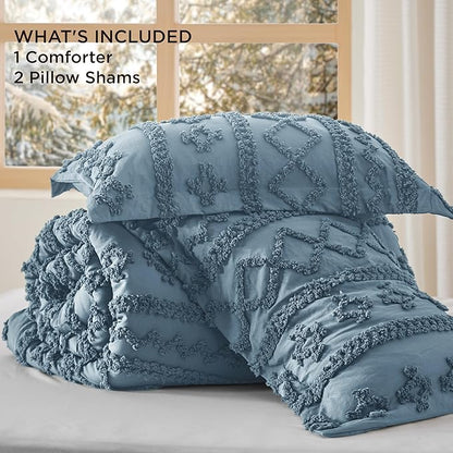 Bedsure Tufted Boho Comforter Set Full Size - Grayish Blue Boho Bed Set, GentleSoft™ 3 Pieces Farmhouse Shabby Chic Embroidery Bedding, Gifts for Woman, Soft Jacquard Full Comforter for All Seasons