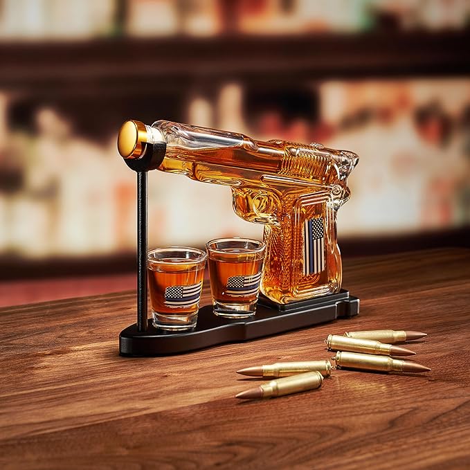 Police Flag Gifts for Men Dad, Father Whiskey Decanter Set - 8 Oz with Two 2 Oz Glasses, American Pistol Gun Anniversary Birthday, Home Bar Gifts, First Responder Present Dispenser, Husband Bar Gift