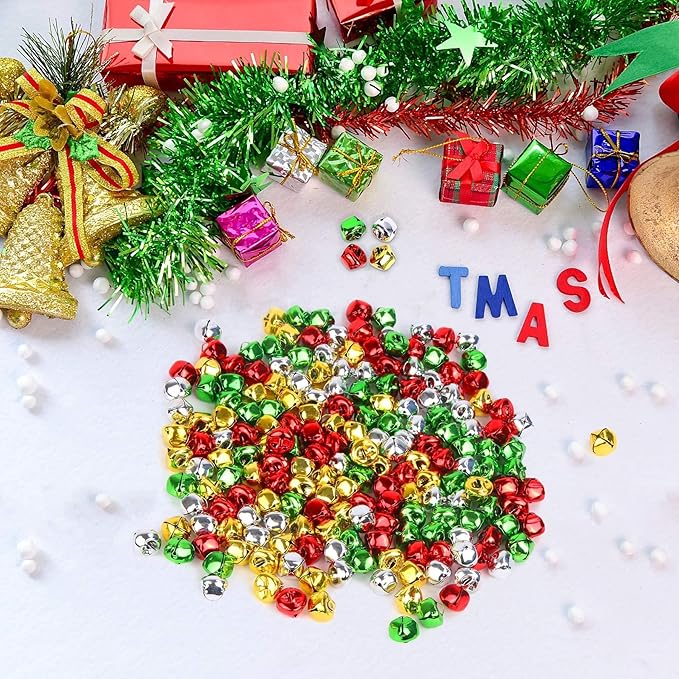 Augshy 240 Pieces Jingle Bells 3/5 Inch Craft Bell Bulk for Christmas Home and Pet Decorations Xmas Decor Party Favors Supplies (Gold Silver Red Green)