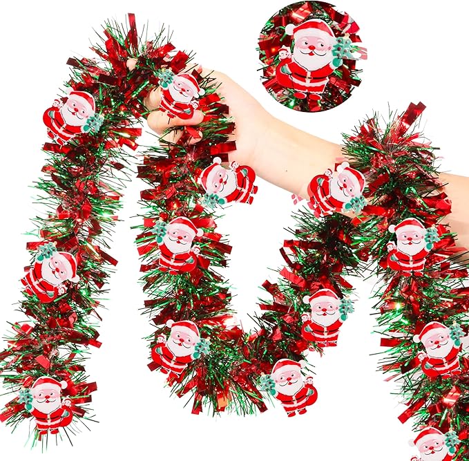 50FT Red Green Christmas Tinsel Garland with Santa Claus Ornaments, Metallic Twist Shiny Xmas Garland for Tree Decorations Fireplace Mantel Home Office Stair Party Outdoor Indoor Holiday Decor