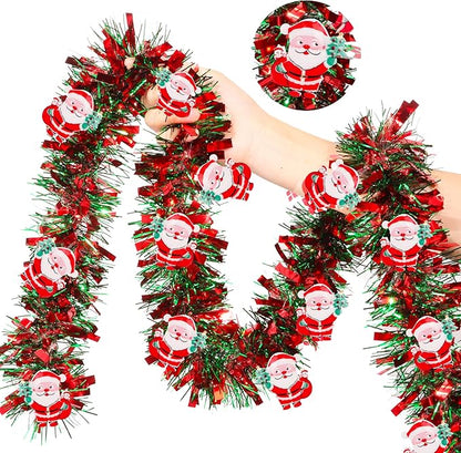 50FT Red Green Christmas Tinsel Garland with Santa Claus Ornaments, Metallic Twist Shiny Xmas Garland for Tree Decorations Fireplace Mantel Home Office Stair Party Outdoor Indoor Holiday Decor