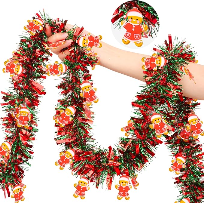 50FT Red Green Christmas Tinsel Garland with Gingerbread Man Ornaments, Thick Metallic Twist Xmas Garland for Tree Decorations Fireplace Mantel Home Office Stair Party Indoor Outdoor Holiday Decor