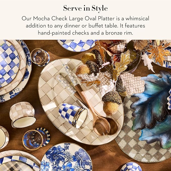 MACKENZIE-CHILDS Enamel Oval Platter, Serving Plate for Entertaining, Large, Brown-and-White Mocha Check