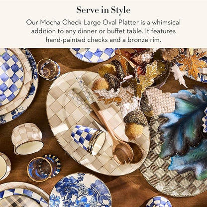 MACKENZIE-CHILDS Enamel Oval Platter, Serving Plate for Entertaining, Large, Brown-and-White Mocha Check