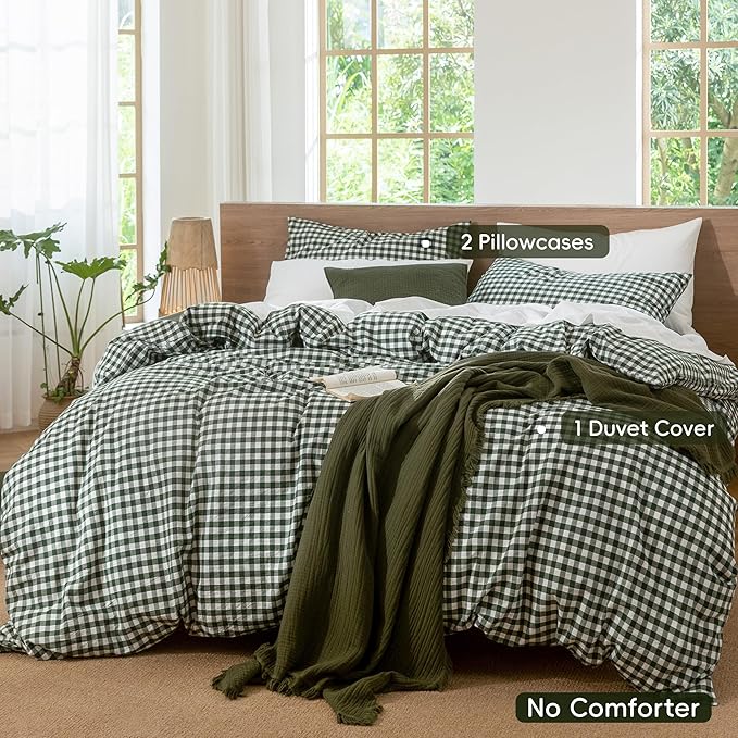 MooMee Gingham Duvet Cover Set 100% Washed Cotton Linen Like Textured Breathable Durable Soft Comfy Modern Checkered Design (Forest Green Gingham, Full 80"x90")