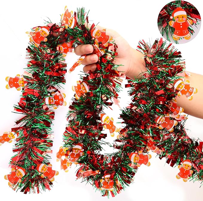 Christmas Garland Decorations 33 FT Red Green Christmas Tinsel Garland with Gingerbread Man Ornaments, Metallic Christmas Tree Garland Indoor Outdoor for Home Mantle Fireplace Xmas Holiday Party Decor