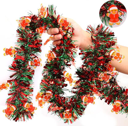 Christmas Garland Decorations 33 FT Red Green Christmas Tinsel Garland with Gingerbread Man Ornaments, Metallic Christmas Tree Garland Indoor Outdoor for Home Mantle Fireplace Xmas Holiday Party Decor