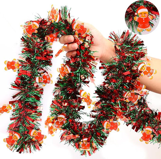 Christmas Garland Decorations 33 FT Red Green Christmas Tinsel Garland with Gingerbread Man Ornaments, Metallic Christmas Tree Garland Indoor Outdoor for Home Mantle Fireplace Xmas Holiday Party Decor