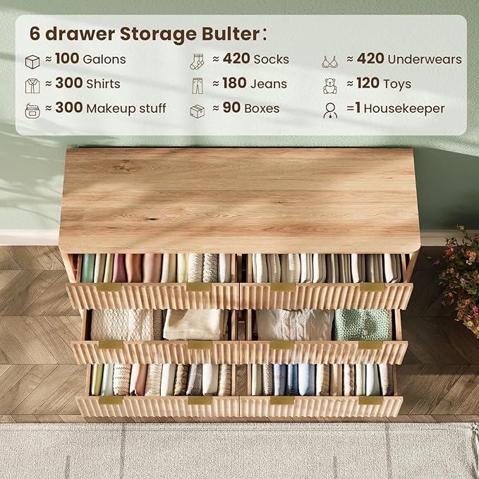 47'' Wide 6 Drawers Dressers for Bedroom, Modern Fluted Chest with Arc Corners, Large Wooden Dresser TV Stand, Wood Closet Clothes Storage Organizer for Living Room, Natural Wood