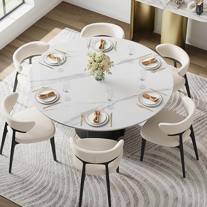 59" Modern Round Dining Table for 6, Glossy White Sintered Stone Kitchen Table with Black Fluted Metal Pedestal, for Dining Room (Table Only), Easy Assembly