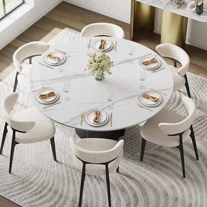59" Modern Round Dining Table for 6, Glossy White Sintered Stone Kitchen Table with Black Fluted Metal Pedestal, for Dining Room (Table Only), Easy Assembly