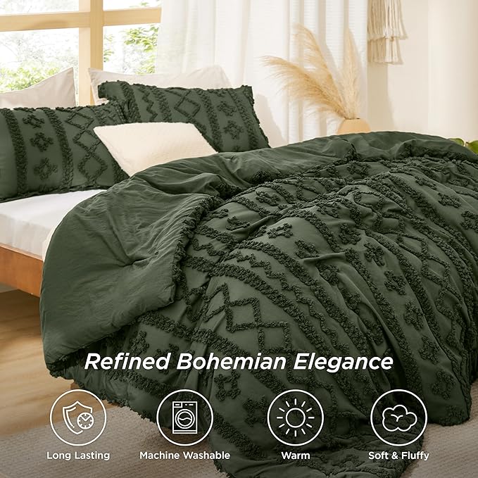 Bedsure Tufted Boho Comforter Set Oversized Queen - Olive Green Boho Bed Set, GentleSoft™ 3 Pieces Farmhouse Shabby Chic Embroidery Bedding, Gifts for Woman, Soft Jacquard Comforter for All Seasons