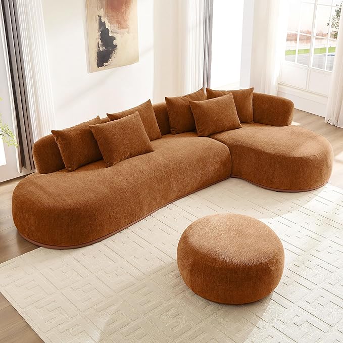 WILLIAMSPACE 134.63" Oversize Curved Sofa Cloud Couch with Round Chaise & Ottoman, Modern Upholstered Curved Sectional Sofa Couch with 6 Pillows for Living Room, No Assembly (Right-Facing,Orange)