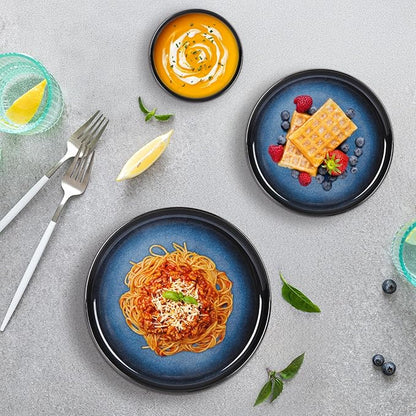 Romswi Ceramic 18Pcs Dinnerware Sets,Stoneware Plates and Bowls Set for 6, Chip & Scratch Resistant Dish Set, Handmade Reactive Glaze, Oven, Microwave & Dishwasher Safe, Dreamy Moonlight-Blue