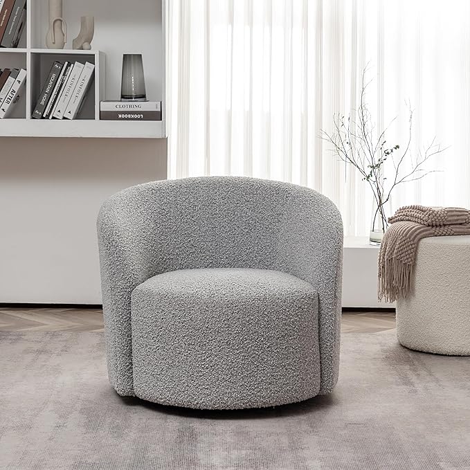 KINWELL 34" W Mid Century Modern Swivel Barrel Chair, Round Upholstered Boucle Swivel Accent Chairs, No Assembly Chair for Living Room Bedroom Reading Apartment Lounge Nursery(Black White)