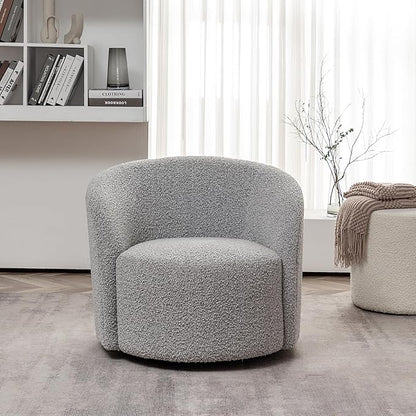 KINWELL 34" W Mid Century Modern Swivel Barrel Chair, Round Upholstered Boucle Swivel Accent Chairs, No Assembly Chair for Living Room Bedroom Reading Apartment Lounge Nursery(Black White)