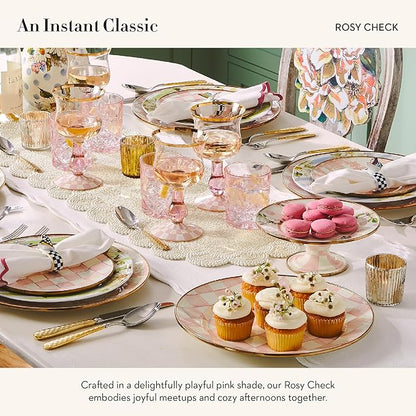 MACKENZIE-CHILDS Enamel Pedestal Platter, Round Cake Stand, Mini, Pink-and-White Rosy Check