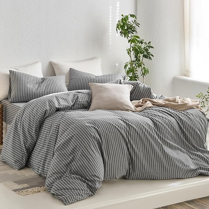 MooMee Striped Duvet Cover Set 100% Washed Cotton Linen Like Textured Breathable Durable Soft Comfy (Dark Grey White Wide Stripes, Super King Plus 120"x120")
