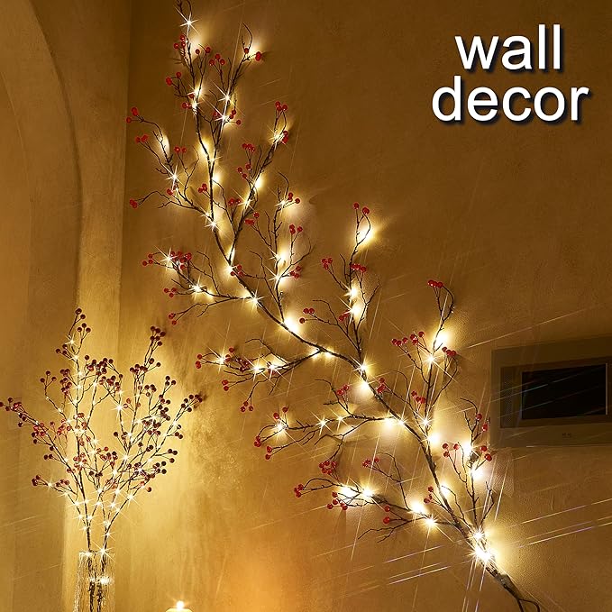 Fudios Lighted Red Berry Garland with Timer 120 LED 6FT Battery Operated USB Plug in,Lit Christmas Garlands Lights for Home Mantle Inside