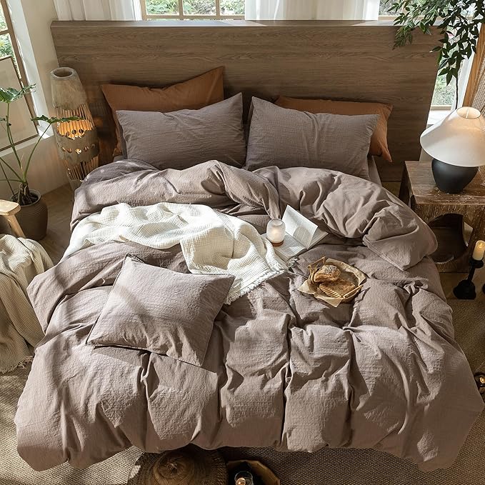 MooMee Wavy Striped Duvet Cover Set 100% Washed Cotton Linen Like Textured Breathable Durable Soft Comfy (Brown, Palatial King/Oversized King 120"x98")