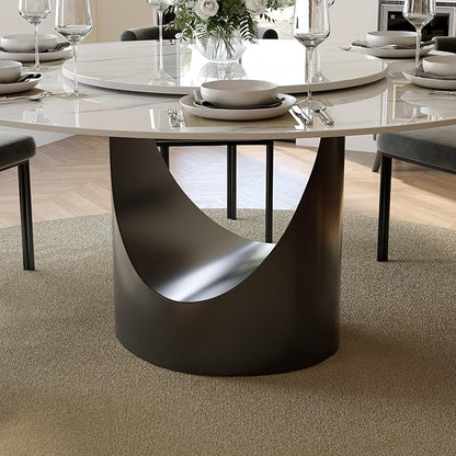 POVISON Round Dining Table for 6, 59" Glossy White Sintered Stone Tabletop Dining Table with 31" Lasy Susan, Grey Carbon Steel Pedestal, Modern Dining Room Table for Kitchen (Table Only)