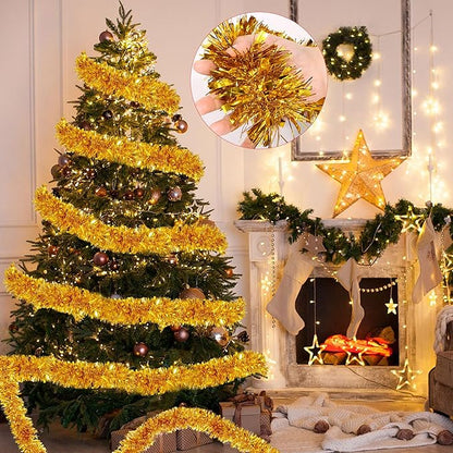 50 FT Gold Christmas Tinsel Garland Christmas Decorations for Xmas Tree Decor, Shiny Metallic Twist Hanging Tinsel Garlands for Stairs Mantle Fireplace Home Indoor Outdoor Holiday Party Supplies