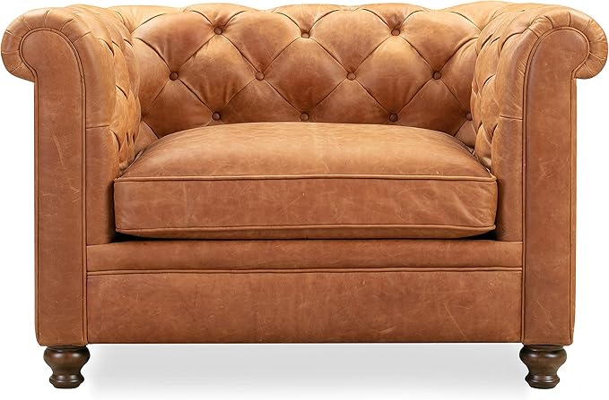 POLY & BARK Lyon Leather Lounge Chair 49" – Cognac Tan Full-Grain Leather Upholstery – Modern Upholstered Accent Chair for Living Room or Bedroom – Indoor Lounge Seating with Lasting Comfort