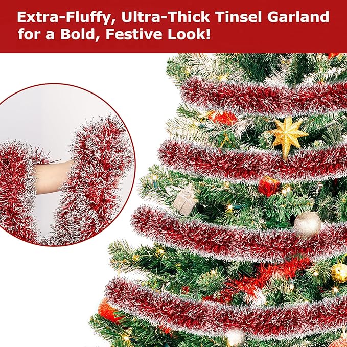50ft Red&White Christmas Tinsel Garland Christmas Tree Garland Decorations Metallic Tinsel Glitter Twist Garlands Hanging Streamers for Indoor Xmas Holiday Decor
