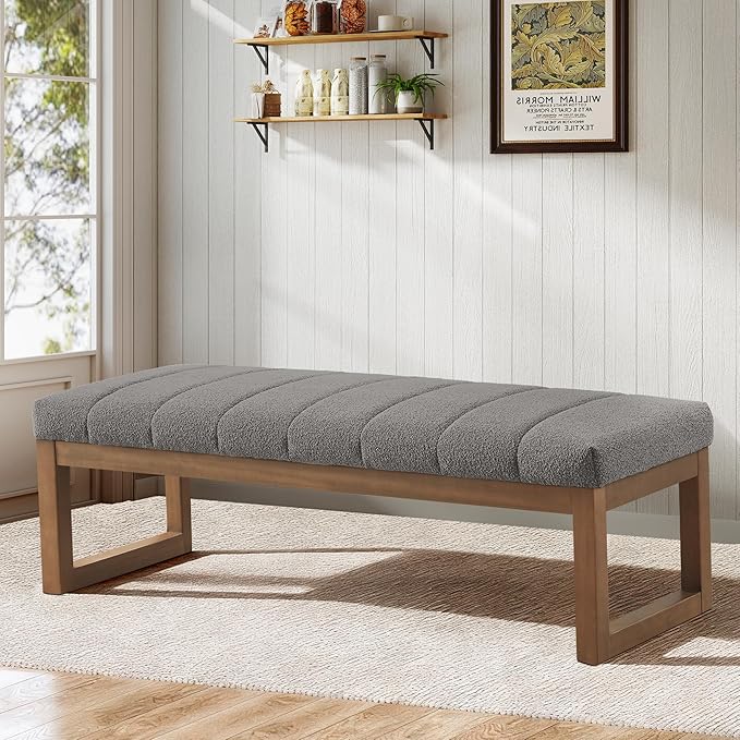 52.7" Bedroom Bench for End of Bed, Modern Upholstered Teddy Fabric Entryway Bench & Dining Bench, Footrest Stool Bench with Solid Wood Frame for Bedroom, Living Room (Light Grey)